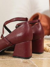 Plus Size Mary Jane High Heel Pumps, Thick Heel Square Toe Women Dress Shoes, Wine Red Small Size Heels
